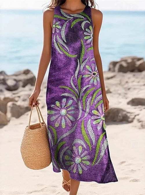 Women's Long Dress Maxi Dress Casual Dress Summer Dress Fashion Modern Daily Beach Weekend Regular Fit Flower Sleeveless Crew Neck Purple Spring Fall