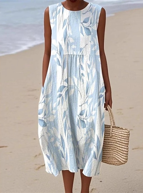 Women's Midi Dress Casual Dress Summer Dress Fashion Modern Daily Beach  Weekend Regular Fit Flower Sleeveless Crew Neck Blue Spring Fall 2025 -  $22.99