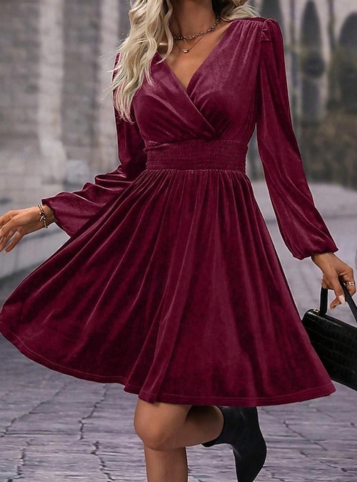 navy blue dress for baby girl Velvet Dress, Womens Dress, Long Sleeves Velvet Dress, Swing Dress, Fit and  Flare Dress, Winter Dress, Autumn Dress, Custom Dress L0652 main image 1