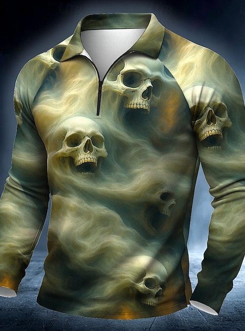Day of the Dead Men's Skull Skulls Polo Long Sleeve Polo Shirts Casual Dark  Outdoor Street Daily Wear 3D Print Quarter Zip Polo Spring Fall Winter Blue  Brown Green 2026 - CAD $28.99