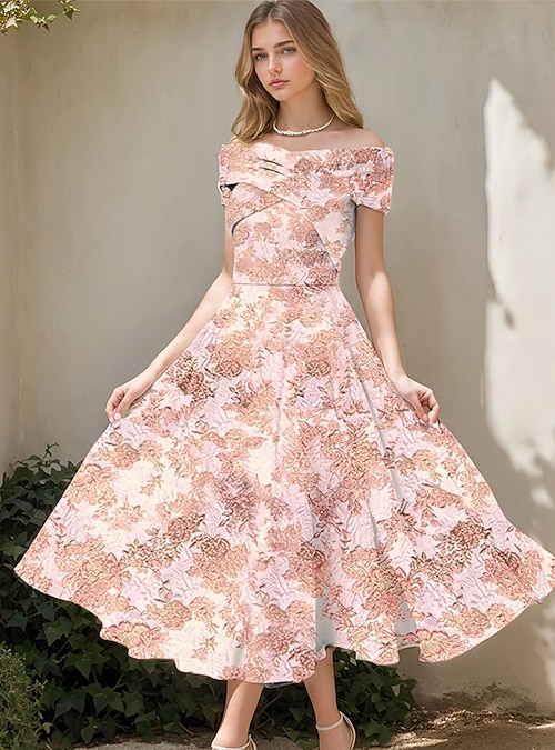 Floral Brocade Jacquard Cocktail Dresses Elegant Dress Formal Wedding Tea  Length Sleeveless Off Shoulder with Floral Print Wedding Guest Dress 2026 -  CAD $280.99
