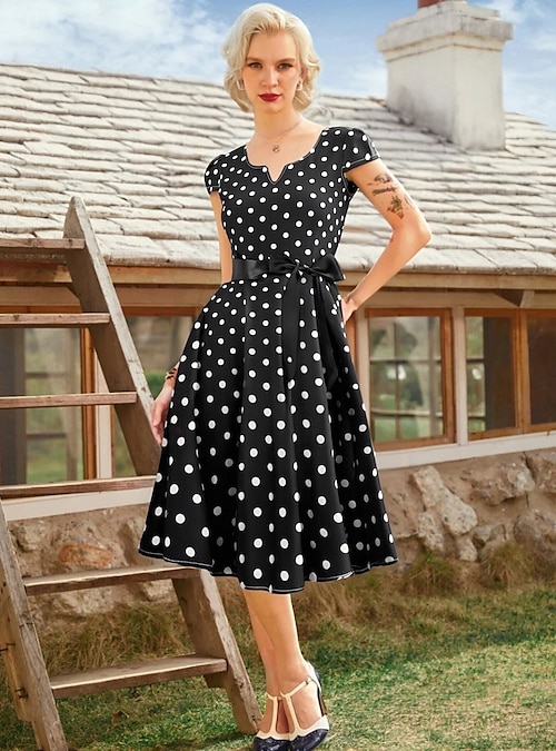 1950s Retro Vintage Rockabilly Knee Length Swing Dress Flare Dress Cap  Sleeve With Belt Polka dots Fancy Dress Women's Carnival Masquerade Tea  Party Casual Daily Retro Theme Party Adults' Dress 2026 - $26.99