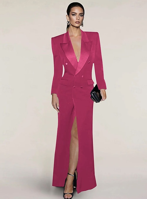 knee length dresses for ladies Women's Red Long Coat Formal Dress, Elegant Double Breasted Coat for Office and Events 30