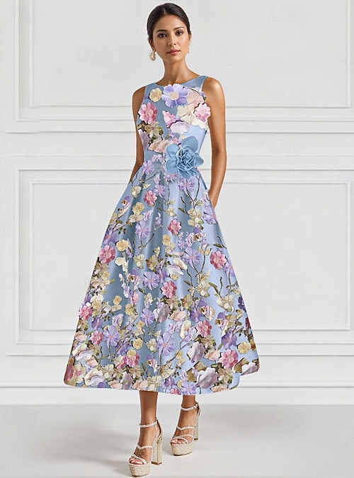 A-Line Ankle Length Cocktail Dresses Party Dresses Elegant Vintage Floral  Sleeveless Crew Neck Wedding Formal Satin with Embroidery Pocket 2026 - GBP  173