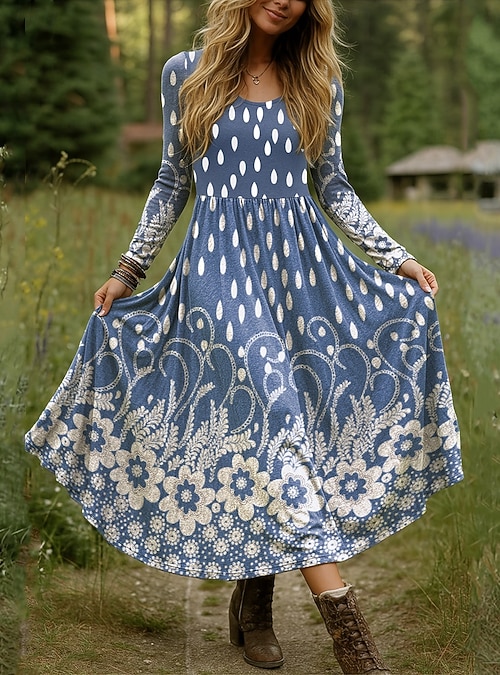 fit and flare casual maxi dress for women Sweetheart Neck Blue Floral Fit & Flare Dress Women main image 1
