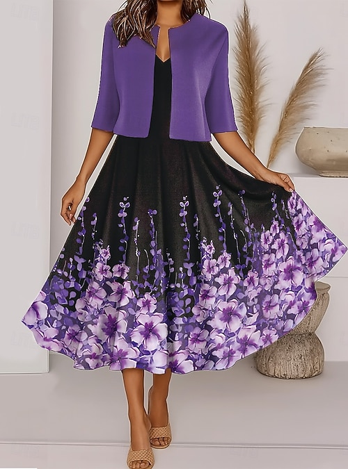 Women's Two Piece Dress Sets Midi Dress with Jacket Elegant A Line Dress Half Sleeve Casual Semi Formal Ombre Floral Print V Neck Date Black Blue Women's Two Piece Dress Sets Midi Dress with Jacket Elegant A Line Dress Half Sleeve Casual Semi Formal Ombre Floral Print V Neck Date Black Blue