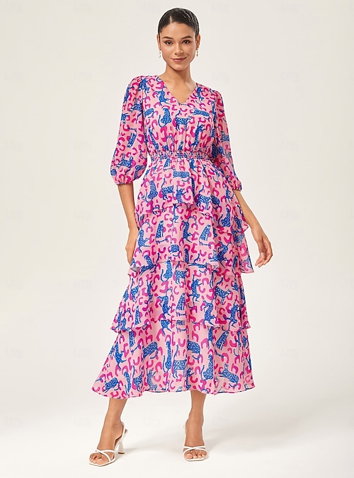 Pink Leopard Chiffon Cinched Peplum Dress 2026 - $125.99