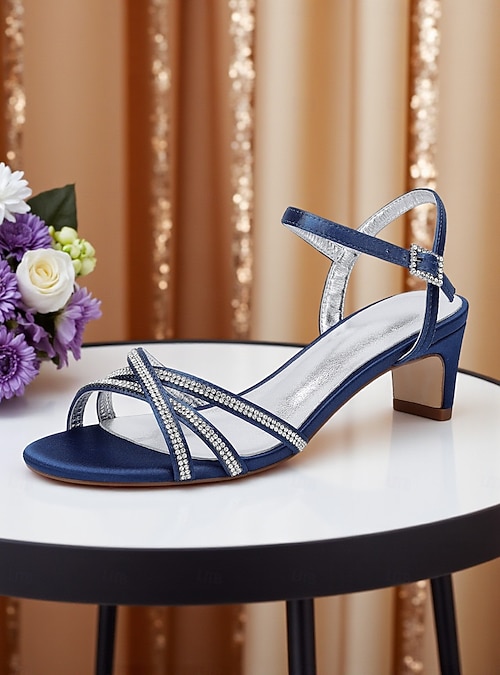 navy blue dress sandals for wedding Navy Satin Block Heel Sandals with FLORAL RHINESTONES on Upper Strap, Women Sandals, Flower Girls Shoes, Holiday Shoes, Something Blue