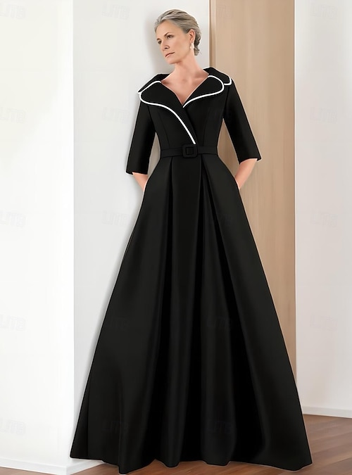 A-Line Floor Length Wedding Guest Dress Formal Dresses Flare Dress Mother of the Bride Dress 3/4 Length Sleeve V Neck Lapel Elegant Simple Minimalist