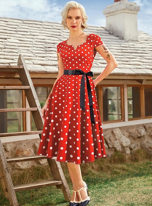 1950s Retro Vintage Rockabilly Knee Length Swing Dress Flare Dress Cap  Sleeve With Belt Polka dots Fancy Dress Women's Carnival Masquerade Tea  Party Casual Daily Retro Theme Party Adults' Dress 2026 -
