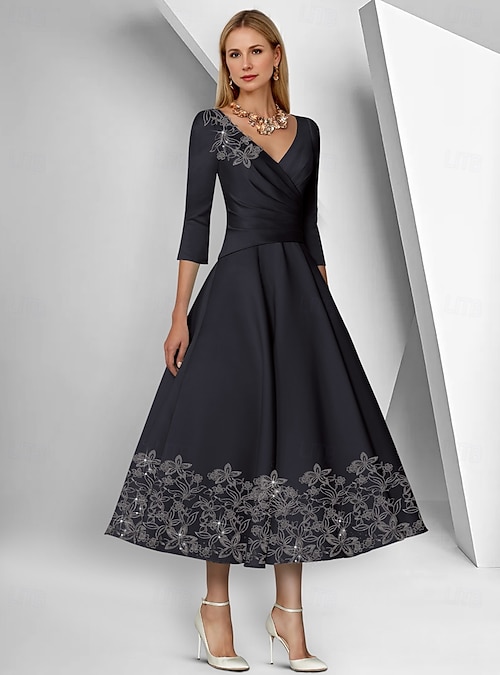 A-Line Dress Ankle Length Tea Length Cocktail Dresses Party Dresses Elegant Simple 3 4 Length Sleeve V Neck Formal Satin with Lace Ruched Sequin
