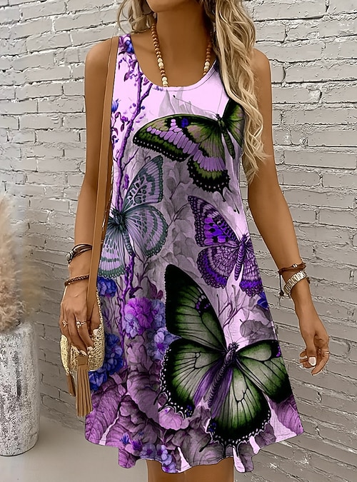 Women's Mini Dress Sundress A Line Dress Off The Shoulder Dress Vacation  Casual Holiday Beach Regular Fit Floral Graphic Butterfly Sleeveless Crew  Neck Light Yellow Blue Purple Green Summer Spring 2026 - $24.99