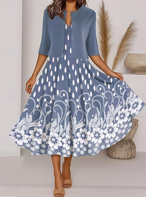 Women's Two Piece Dress Sets Midi Dress with Jacket Elegant A Line Dress  Half Sleeve Casual Semi Formal Ombre Floral Print V Neck Date Black Blue  Purple Regular Fit 2026 - $36.99