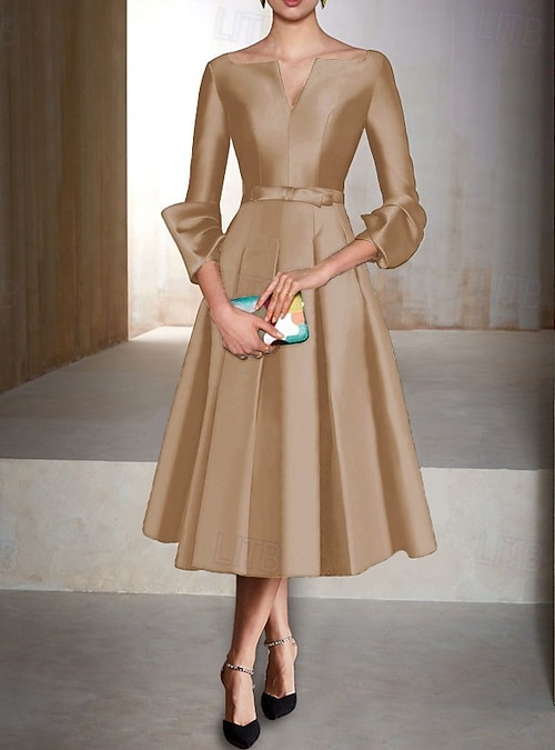 tan cocktail dress for wedding A-Line Tea Length Cocktail Dresses Party Dresses Elegant Mother 3/4 Length  Sleeve V Neck Formal Wedding Guest Satin with Pleats 2026