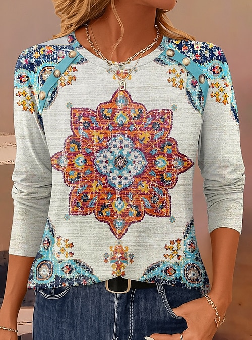 Dames T-shirt Grafisch Geometrisch Vintage Casual Lange mouw