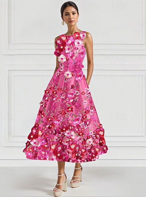 A-Line Ankle Length Cocktail Dresses Party Dresses Elegant Vintage Floral  Sleeveless Crew Neck Wedding Formal Satin with Embroidery Pocket 2026 - AU  $305.89