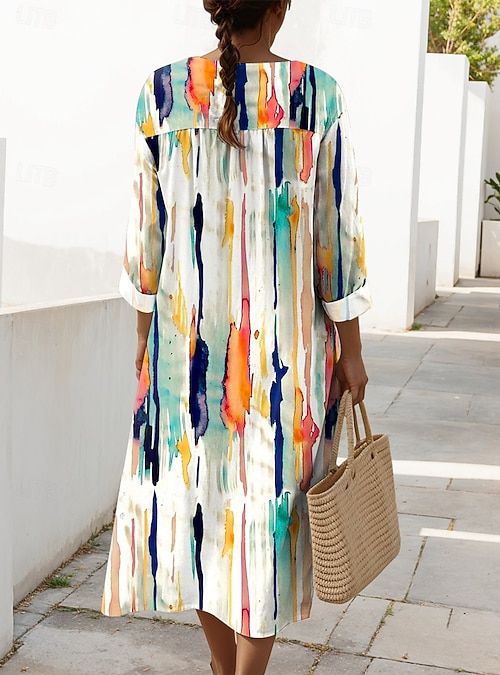 Women's Midi Dress V Neck Long Sleeve Kaftan Lightweight Loose Fit A Line  Dress Casual Daily Graphic Geometric Long Sleeve V Neck Navy Yellow Green  Beige Fall 2026 - $37.99