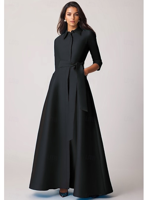 formal dress half shirt A-Line Floor Length Wedding Guest Dress Dresses Mother of the Bride Dress Sleeve Lapel Elegant Wedding Formal Wedding Guest Stretch Satin with Bow(s) Pocket Strappy 2026 Metal Zippered Back