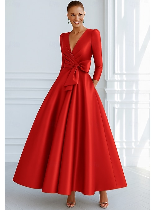 A-Line Floor Length Evening Gown Ball Gown Formal Dress Elegant Silky 3/4 Length Sleeve V Neck Wedding Formal Pocket Stretch Satin with Bow(s) 2026 - $164.99 A-Line Floor Length Evening Gown Ball Gown Formal Dress Elegant Silky 3/4 Length Sleeve V Neck Wedding Formal Pocket Stretch Satin with Bow(s) 2026 - $164.99
