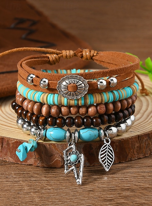 Juego De Joyas Bohemias Para Mujer - Pulsera Cuero Multicapa, Collar Flor Y Pendientes Boho