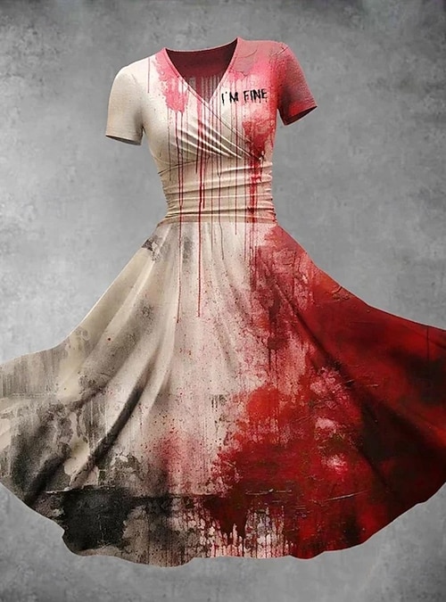 Women's Bloodstain Print Midi Dress A Line Dress Dress Fit And Flare Dress Party Casual Daily Holiday Regular Fit Graphic Abstract Short Sleeve V Neck