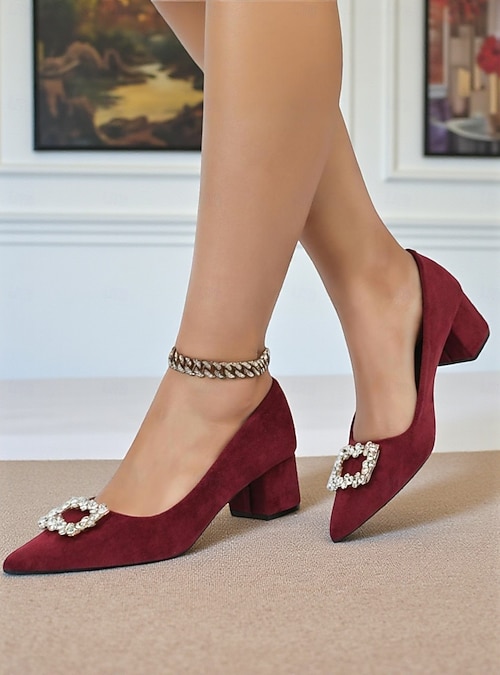 Women's Burgundy Suede Block Heel Pumps with Rhinestone Buckle - Elegant Retro Style Dress Shoes for Ladies, Ideal for Office, Weddings, and Parties 2026