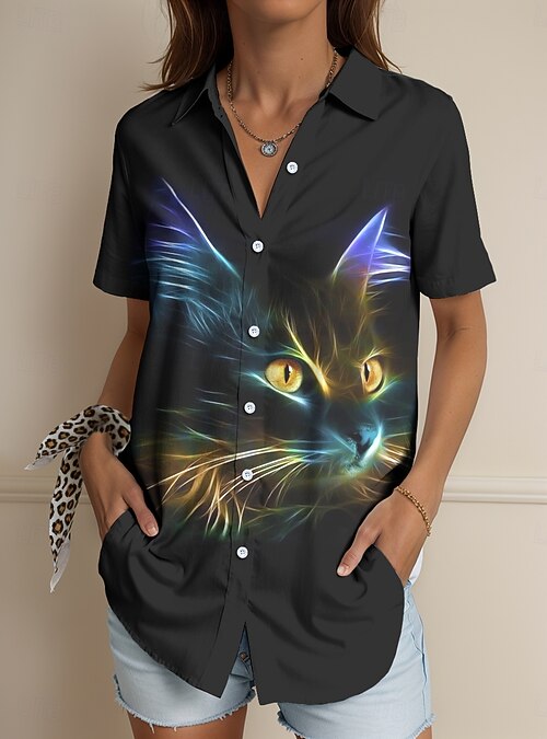 Women's Shirt Long Sleeve Button Down Blouse Graphic Animal Cat