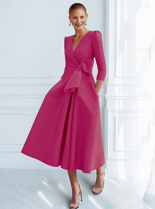 pink tea length dresses with sleeves A-Line Blushing Pink 3/4 Sleeves Mother of The Bride Dresses