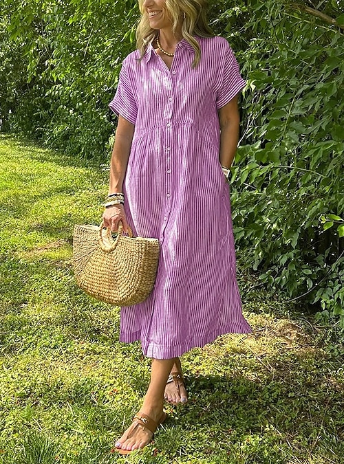 Women's Midi Dress Faux Cotton Linen Shift Dress Cotton Maxi Dress Casual  Loose Fit Stripe Short Sleeve Shirt Collar Lapel Blue Light Yellow Black  White Summer Spring Fall 2026 - AU $26.59