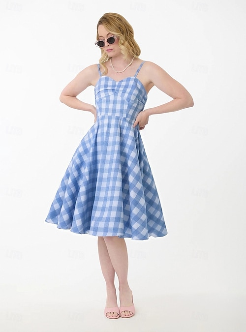 gingham fit and flare dress Fit & Flare V Neck Midi Dress | Navy Micro Gingham | L main image 0