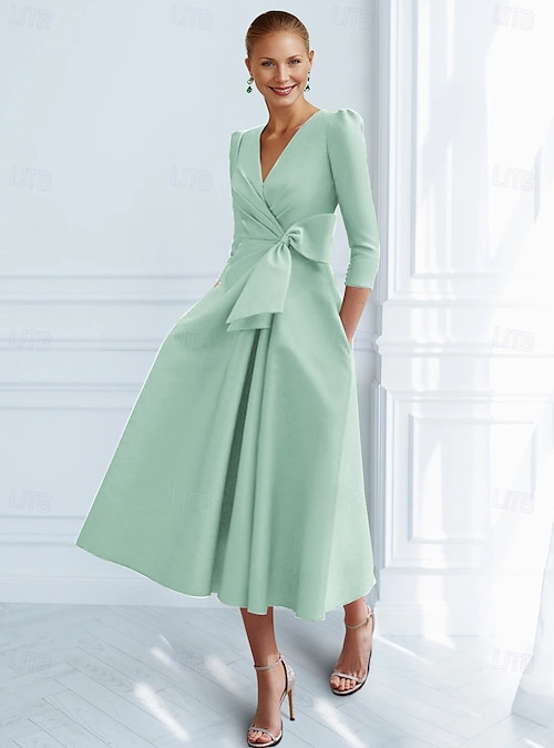A-Line Ankle Length Cocktail Dresses Elegant Vintage 3/4 Length Sleeve V Neck Formal Pocket Satin with Bow(s) Ruched 2026 - $136.99 A-Line Ankle Length Cocktail Dresses Elegant Vintage 3/4 Length Sleeve V Neck Formal Pocket Satin with Bow(s) Ruched 2026 - $136.99