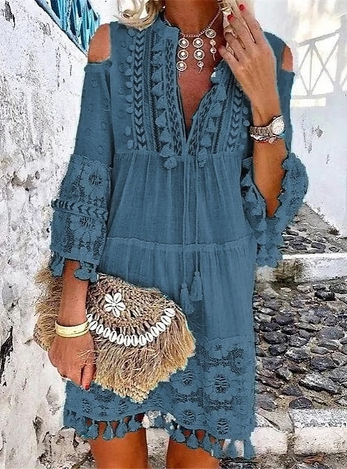 Women's Mini Dress Boho Dress Lace Dress White Dress Vacation Vintage  Casual Daily Outdoor Vacation Loose Fit Pure Color 3/4 Length Sleeve V Neck  Blue White Yellow Pink Summer Spring 2026 - AU $68.49