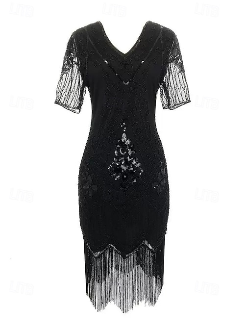 Roaring 20s 1920s Knee Length Dress Flapper Dress Prom Dress Short Sleeves  The Great Gatsby Charleston Wedding Guest Sequins Tassel Fringe V Neck  Fancy Dress Women's Carnival Masquerade Carnival 2026 - $69.99