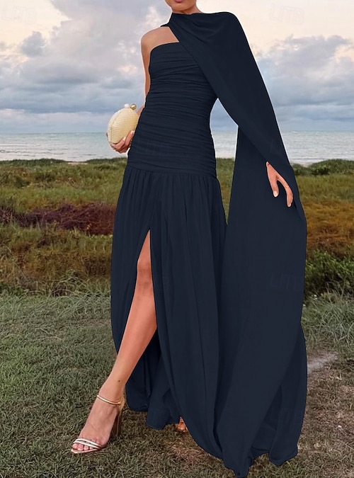 A-Line Evening Gown Dropped Waist Dress Semi Formal Wedding Guest Cape Dress Floor Length Sleeveless Off Shoulder Chiffon with Ruched Dreails