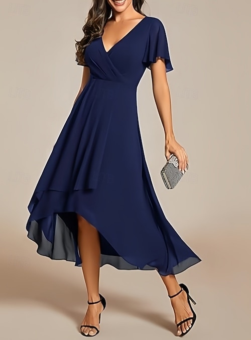 A-Line Asymmetrical Wedding Guest Dresses Elegant Short Sleeve V Neck Wedding Guest Engagement Chiffon with Ruched Ruffles 2026 - GBP 124 A-Line Asymmetrical Wedding Guest Dresses Elegant Short Sleeve V Neck Wedding Guest Engagement Chiffon with Ruched Ruffles 2026 - GBP 124