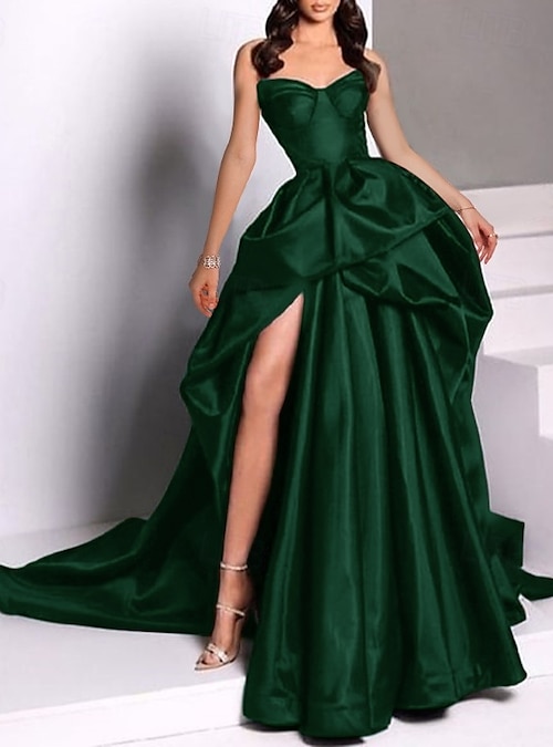 A-Line Court Train Prom Dresses Evening Gown Ball Gown Formal Dress Vintage Gothic Black Sleeveless Strapless Wedding Halloween Satin with Slit Pure Color 2026 - SGD S$286.75 A-Line Court Train Prom Dresses Evening Gown Ball Gown Formal Dress Vintage Gothic Black Sleeveless Strapless Wedding Halloween Satin with Slit Pure Color 2026 - SGD S$286.75