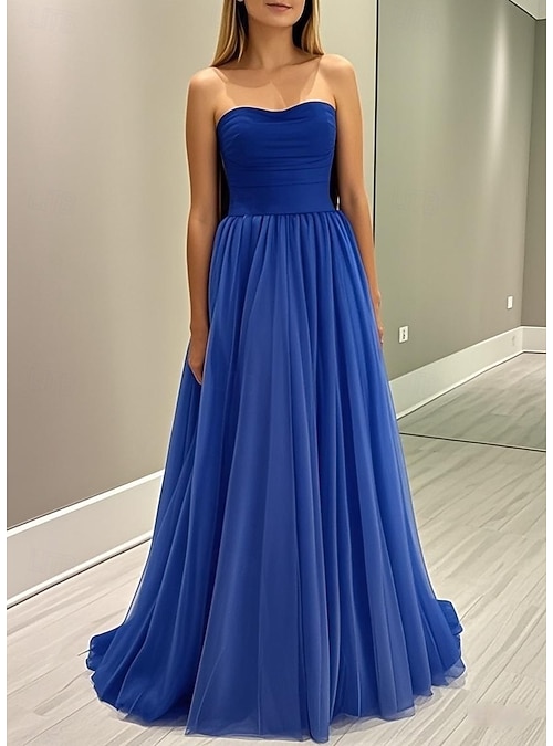 A-Line Floor Length Prom Dresses Elegant Sleeveless Strapless Wedding Guest Engagement  Tulle with Bow(s) Pleats Ruched 2026 - GBP 144