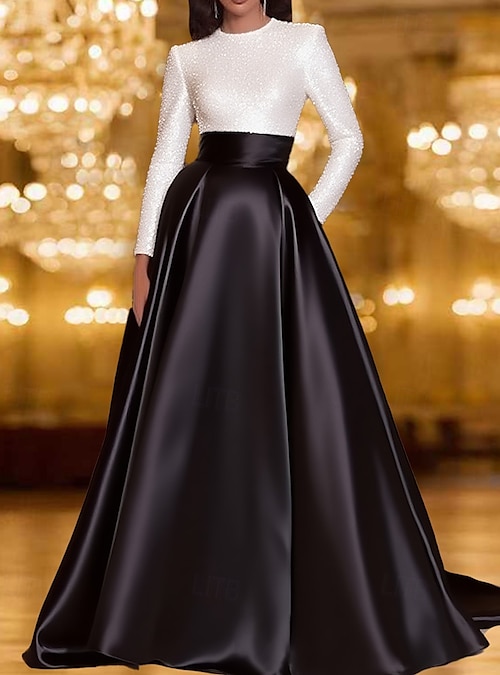 A-Line Floor Length Cocktail Dresses Evening Gown Ball Gown Formal Dress  Elegant Color Block Glittering Long Sleeve Crew Neck Wedding Formal Pocket  Satin Sequined with Sequin Pocket 2026 - $129.99