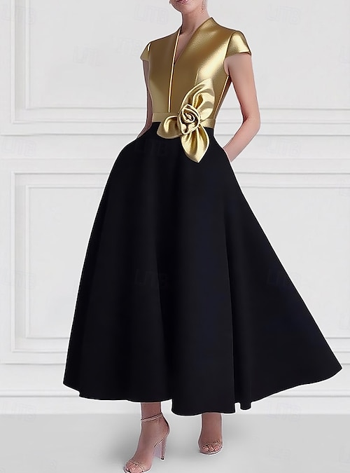 A-Line Ankle Length Cocktail Dresses Party Dresses Elegant Color Block  Silky Short Sleeve V Neck Wedding Formal Pocket Satin with Pocket 2026 -  $157.99