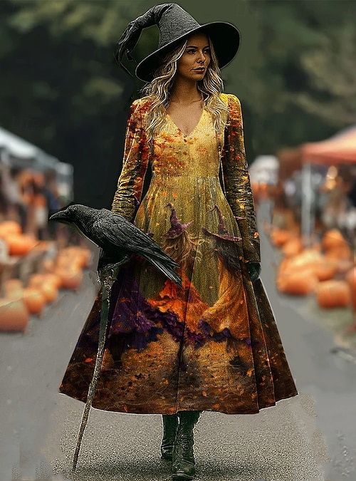 Women's Witch Print Maxi Dress A Line Dress Vacation Casual Boho Beach  Regular Fit Floral Graphic Hocus Pocus Long Sleeve V Neck Yellow Dark Green  Pur