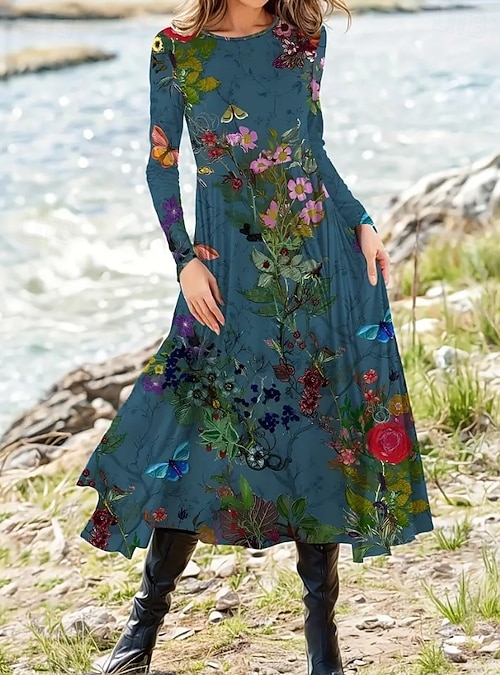 Women's Maxi Dress Fit And Flare Dress Vacation Casual Boho Daily Party  Going out Regular Fit Floral Graphic Polka Dot Long Sleeve Crew Neck Blue  Black Light Brown Purple Fall Winter 2026 -
