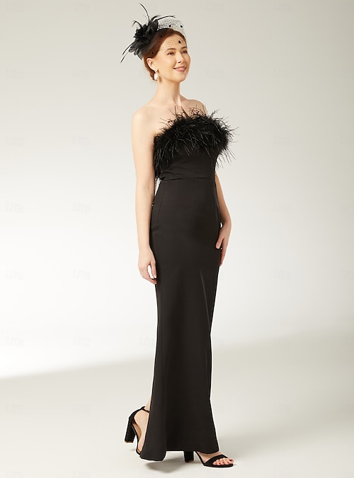 Sheath Column Ankle Length Prom Dresses Evening Gown Ball Gown Formal Dress  Elegant Black Dress Sleeveless Strapless Formal Black Tie Spandex Stretch  Fabric with Feather Slit 2026 - OMR 72.79