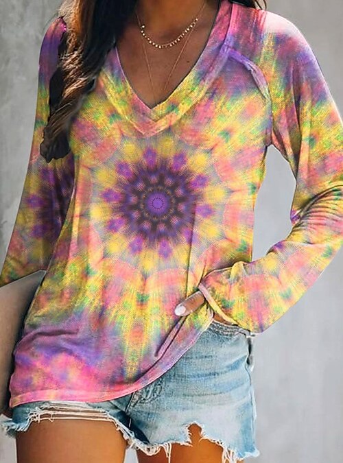 T-shirt Femme Manches Longues Col V Imprimé Floral - Coton, Coupe Décontractée, Style Vintage