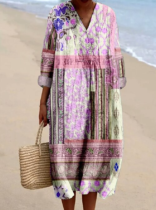 Women's Midi Dress Sundress A Line Dress Vacation Casual Boho Beach Holiday Date Loose Fit Floral Graphic Paisley Long Sleeve V Neck Light Pink Light Green Light Purple Summer Spring Fall 2026 - Women's Midi Dress Sundress A Line Dress Vacation Casual Boho Beach Holiday Date Loose Fit Floral Graphic Paisley Long Sleeve V Neck Light Pink Light Green Light Purple Summer Spring Fall 2026 -