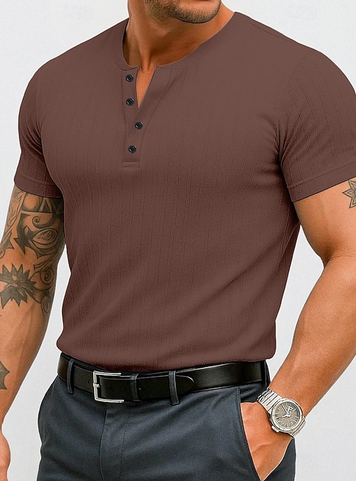 Herren Henley Hemd Kurzarmshirt Muskelshirt Geripptes Strick-T