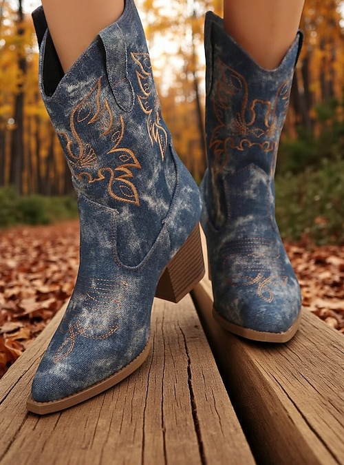 Women's Denim Embroidered Western Cowboy Boots - Vintage Blue Jean Fabric Mid-Calf Boots with Chunky Heel for Urban Fashion and Casual Streetwear Women's Denim Embroidered Western Cowboy Boots - Vintage Blue Jean Fabric Mid-Calf Boots with Chunky Heel for Urban Fashion and Casual Streetwear