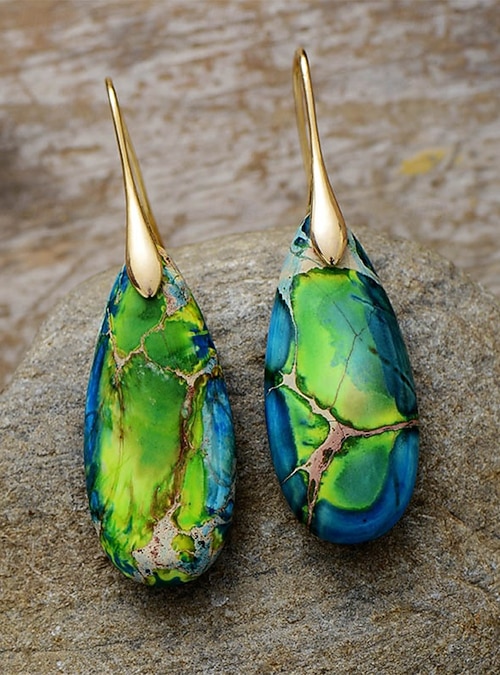 Boucles D'oreilles Pendantes Bohèmes En Pierres Naturelles - Jade - Neuf Avec étiquettes