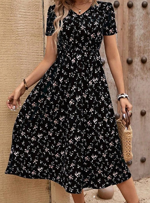Women's Midi Dress Floral Dress Print Dress Classic Modern Outdoor Vacation  Holiday Regular Fit Flower Short Sleeve V Neck Black Royal Blue Brown Green  Summer 2026 - CHF20