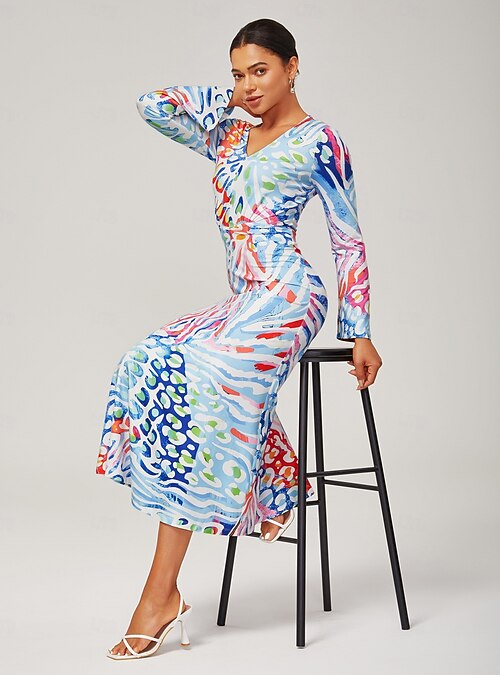 Women's Watercolor Leopard Print Bodycon Maxi Dress V Neck Flare Sleeve  Stretch Fabric Wrap Style Elegant Stylish Casual Bold Print Daily Work Fall  2026 - $91.99