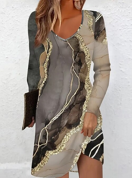 Women's Mini Dress Knit Dress Casual Dress Sundress A Line Dress Stylish  Casual Regular Fit Graphic Geometric Abstract Long Sleeve V Neck Brown  Spring Fall Winter 2026 - 87